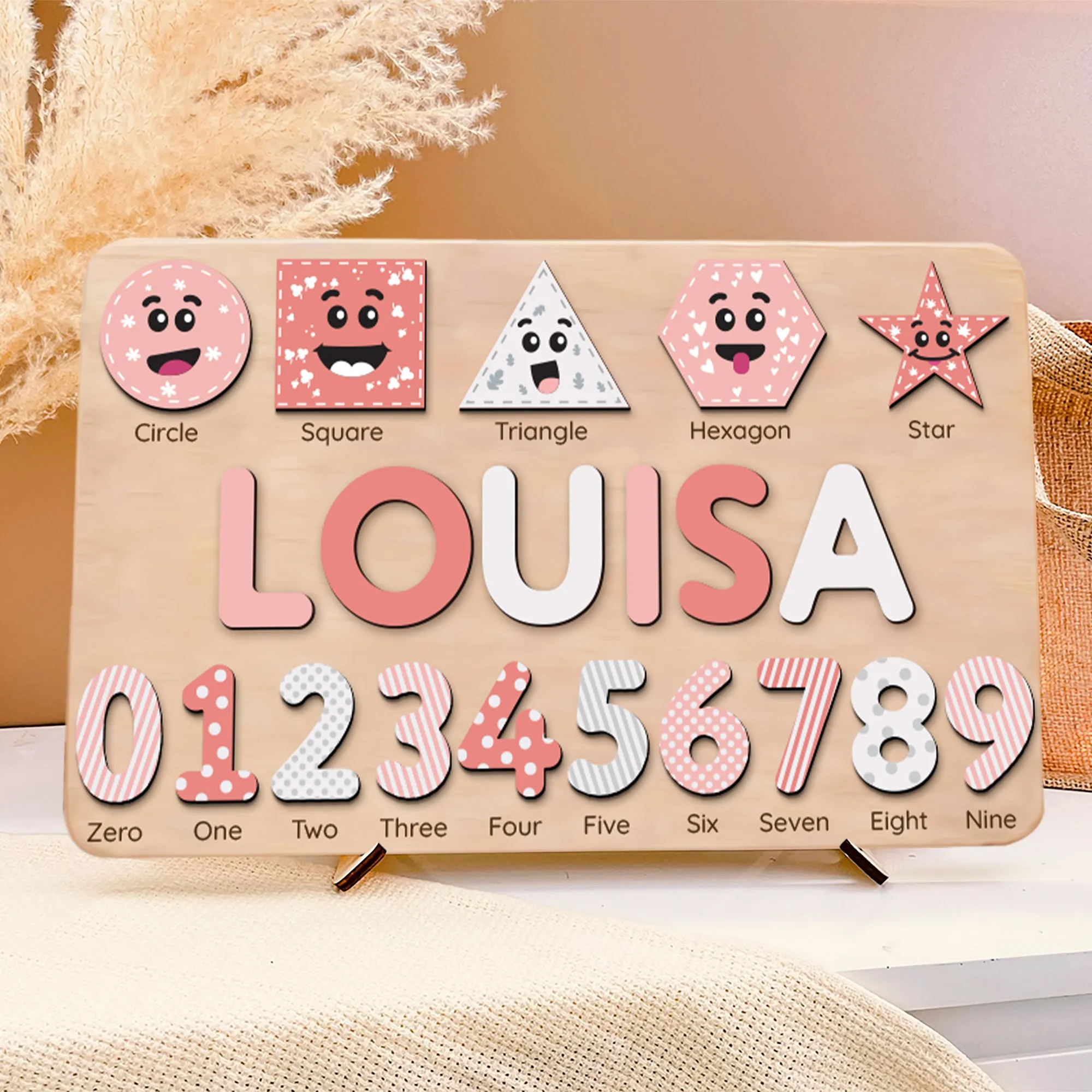 Personalized Wooden Shaped & Numbers Name Puzzle, Wooden Montessori Toys NP20
