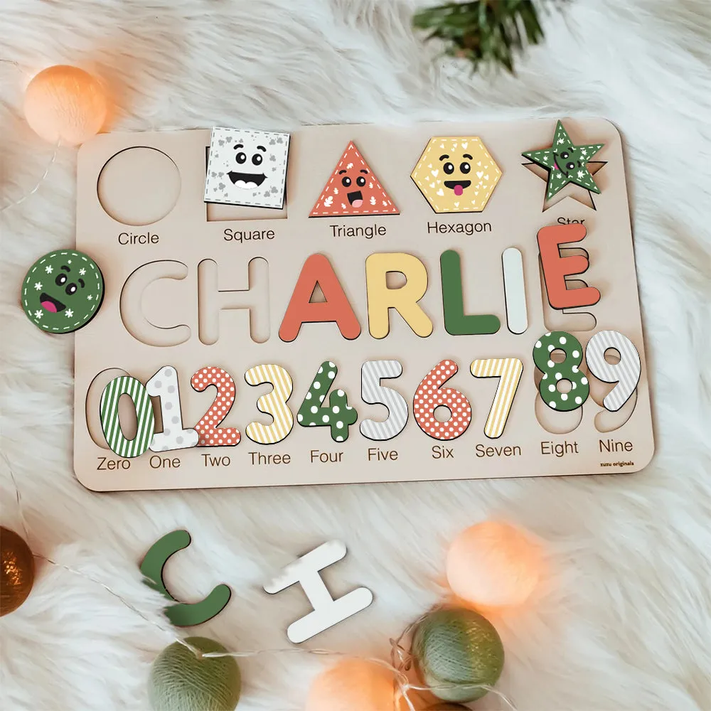 Personalized Wooden Shaped & Numbers Name Puzzle, Wooden Montessori Toys NP20