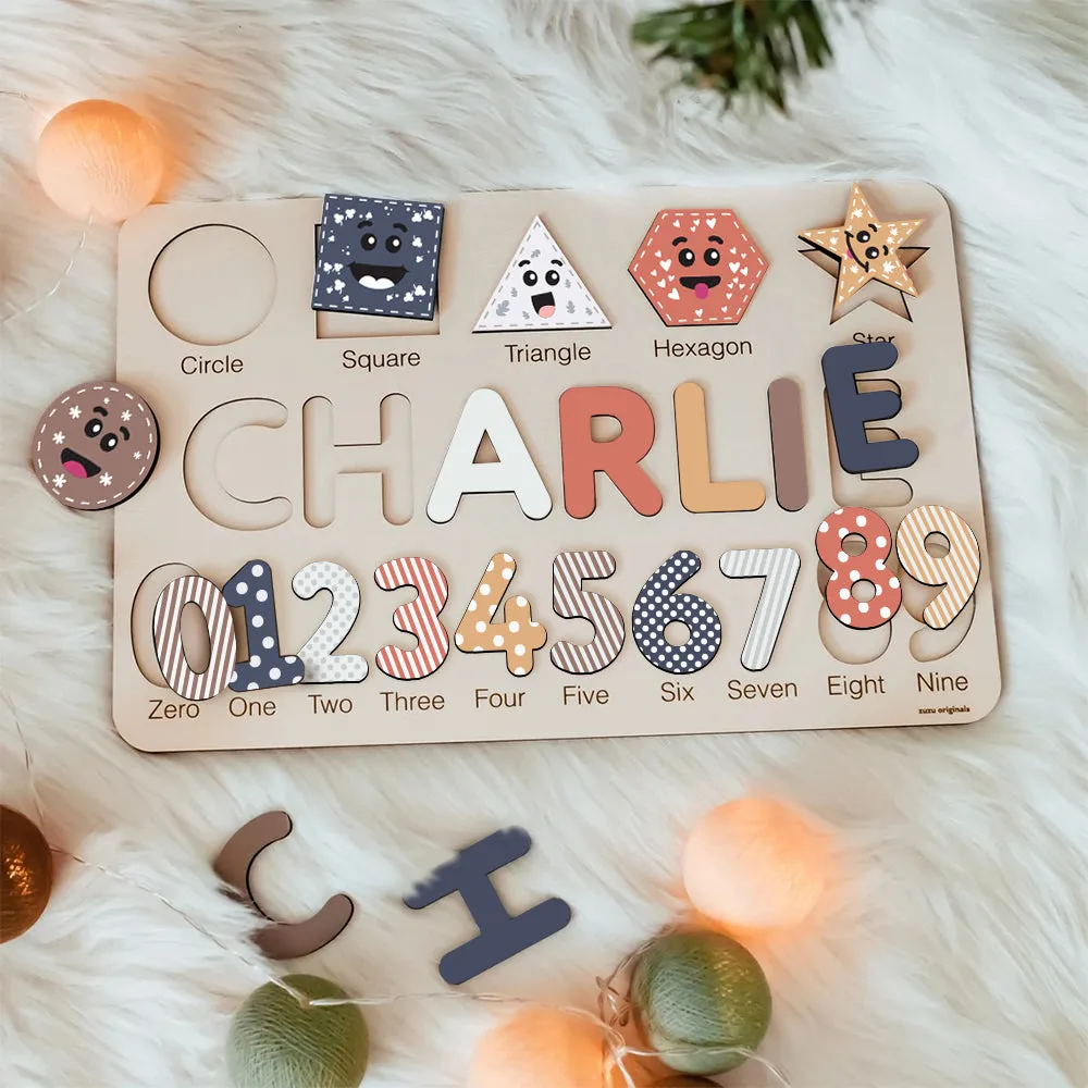 Personalized Wooden Shaped & Numbers Name Puzzle, Wooden Montessori Toys NP20