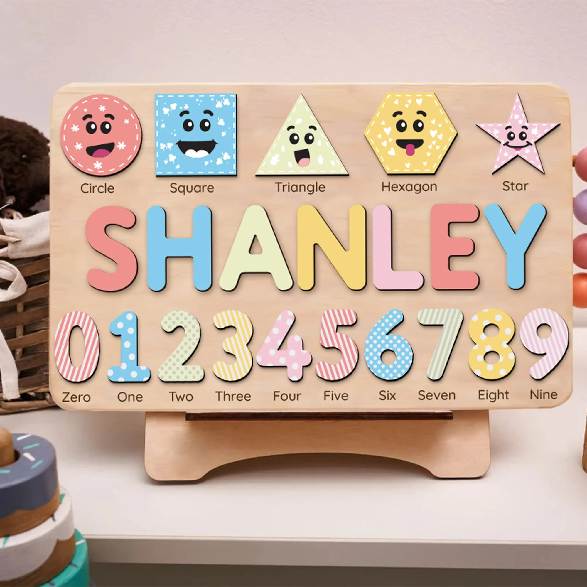 Personalized Wooden Shaped & Numbers Name Puzzle, Wooden Montessori Toys NP20
