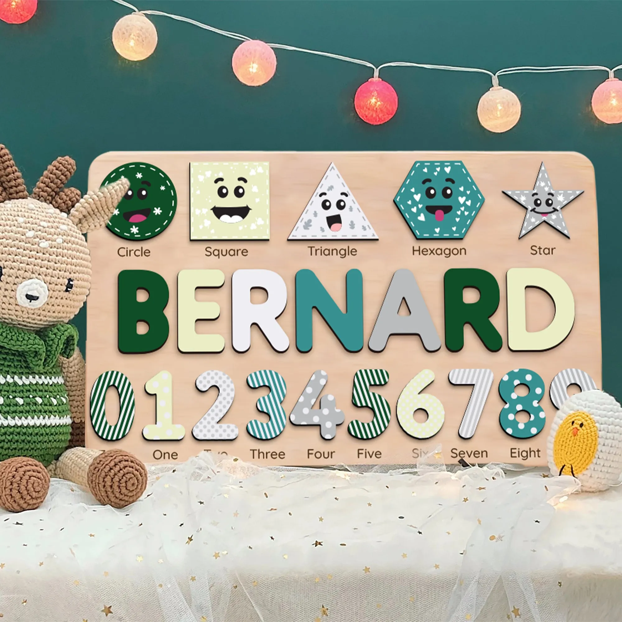 Personalized Wooden Shaped & Numbers Name Puzzle, Wooden Montessori Toys NP20