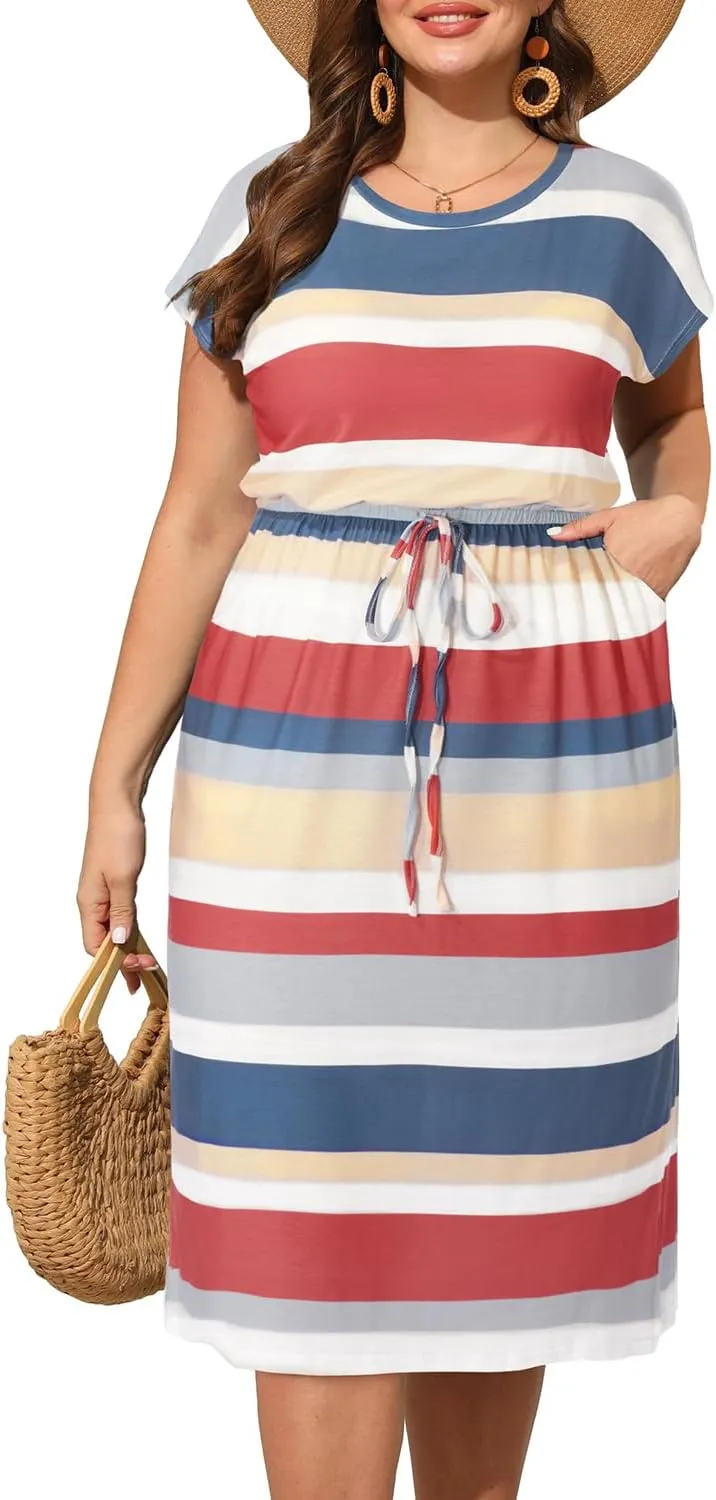 Pinup Fashion Women Plus Size Summer Dresses - Casual Work T Shirt Round Neck Midi Dress with Pockets