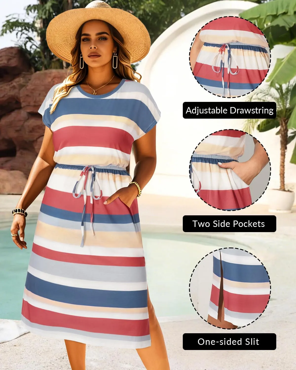 Pinup Fashion Women Plus Size Summer Dresses - Casual Work T Shirt Round Neck Midi Dress with Pockets