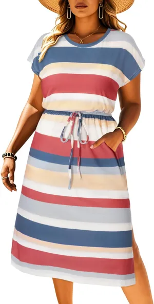 Pinup Fashion Women Plus Size Summer Dresses - Casual Work T Shirt Round Neck Midi Dress with Pockets