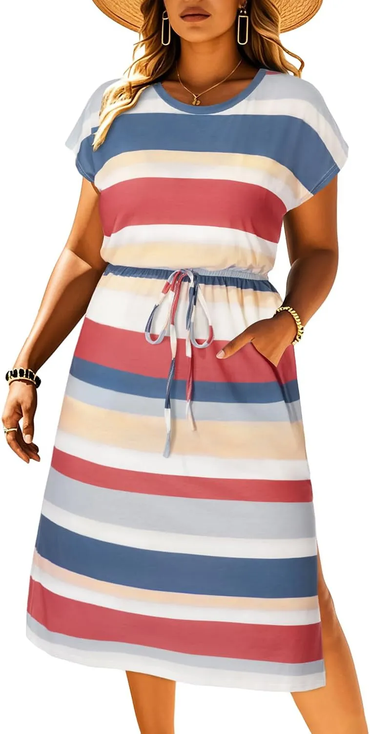Pinup Fashion Women Plus Size Summer Dresses - Casual Work T Shirt Round Neck Midi Dress with Pockets