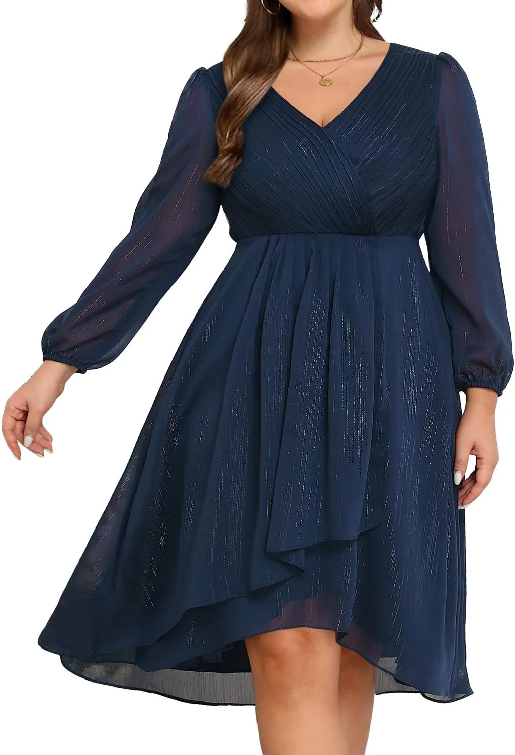 Plus Size Cocktail Dress - Formal Wedding Guest Fall Long Sleeve A Line Pleated V Neck Midi Dresses for Curvy Women