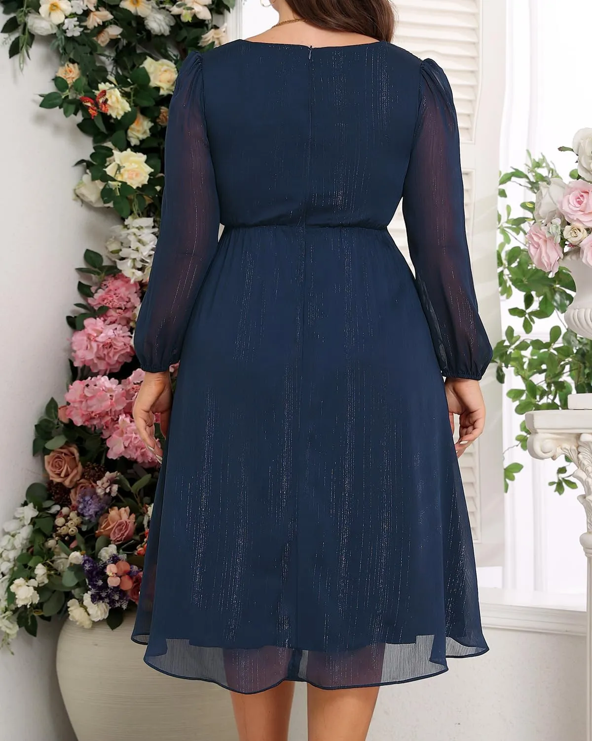 Plus Size Cocktail Dress - Formal Wedding Guest Fall Long Sleeve A Line Pleated V Neck Midi Dresses for Curvy Women