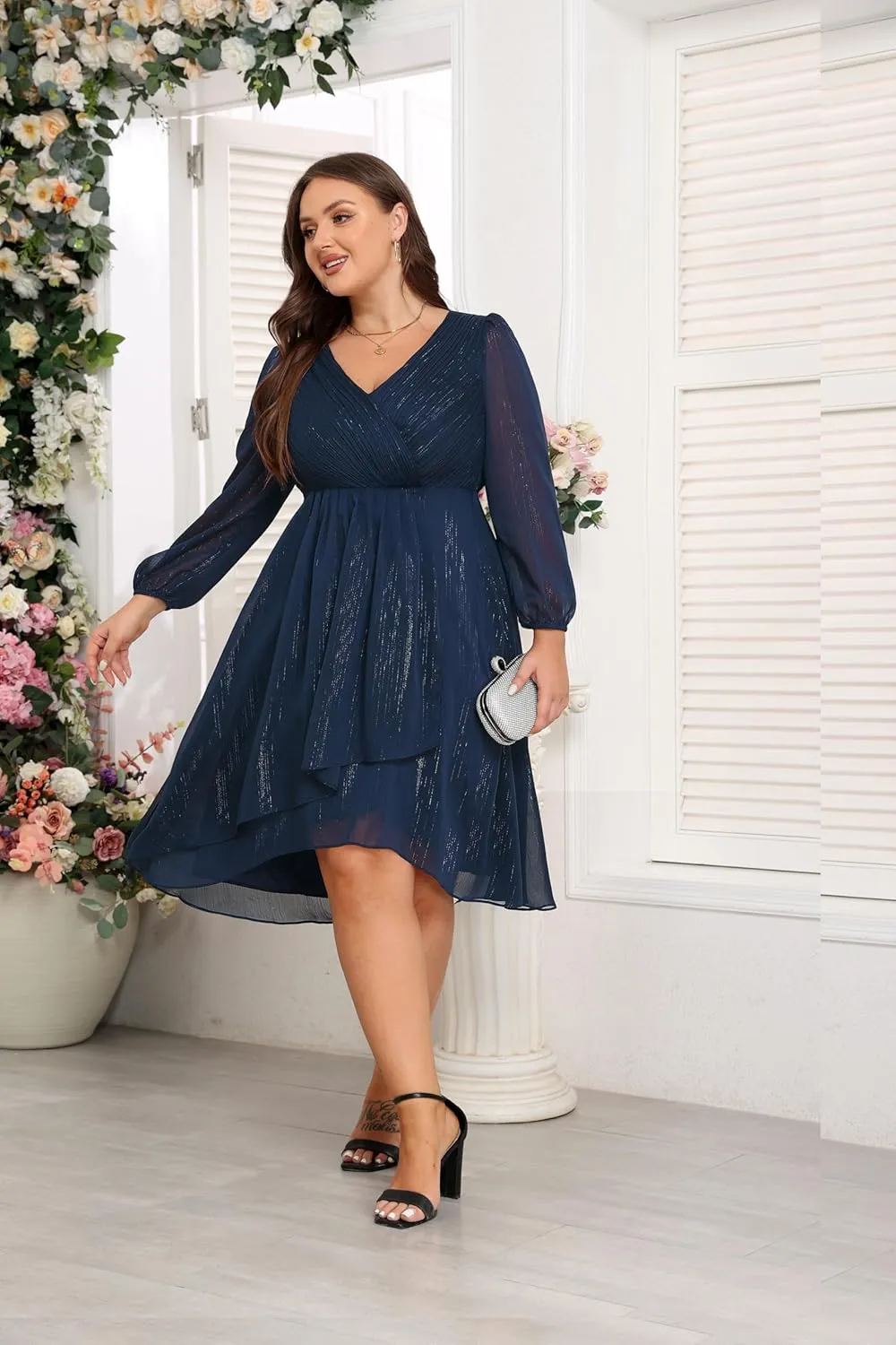 Plus Size Cocktail Dress - Formal Wedding Guest Fall Long Sleeve A Line Pleated V Neck Midi Dresses for Curvy Women