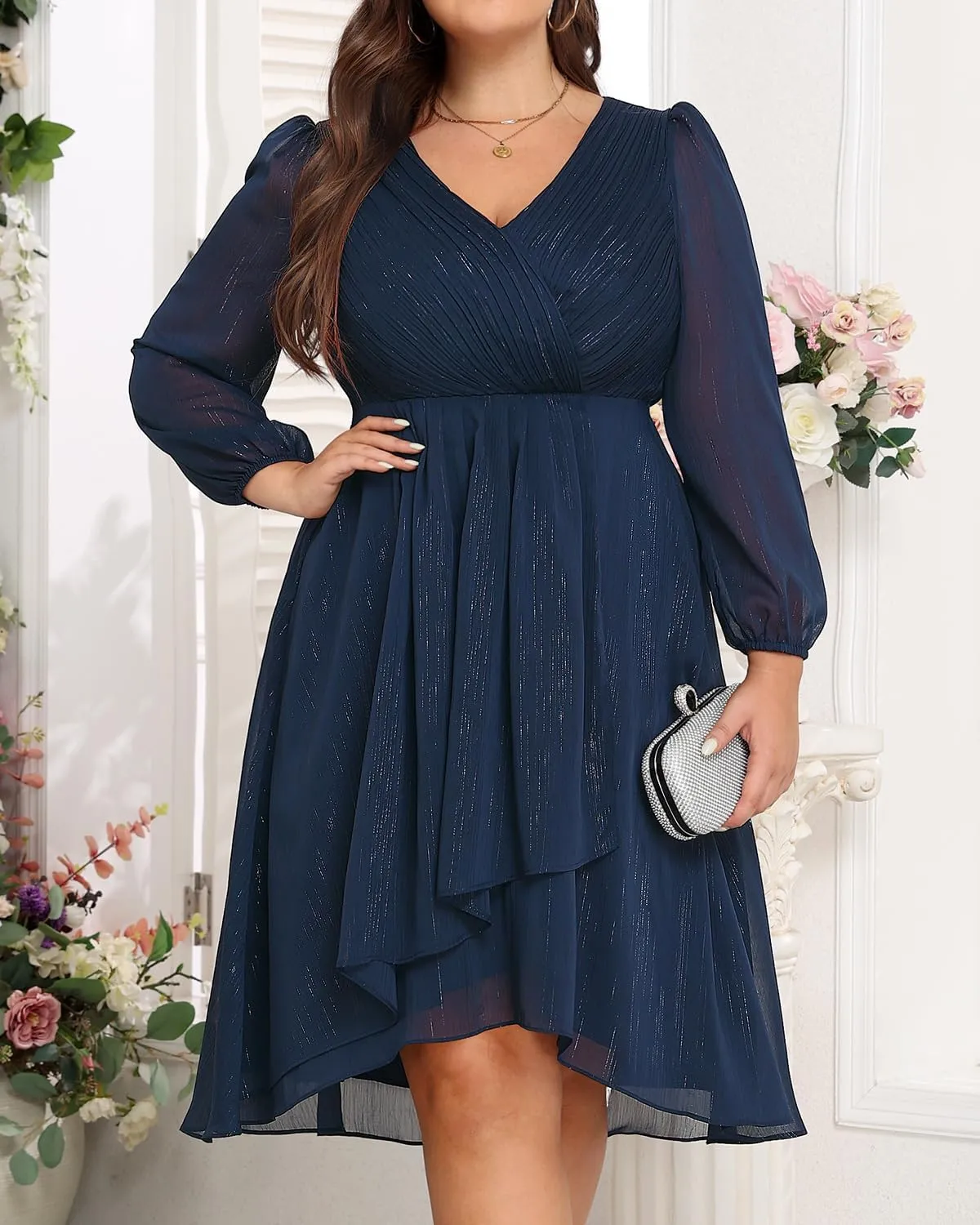 Plus Size Cocktail Dress - Formal Wedding Guest Fall Long Sleeve A Line Pleated V Neck Midi Dresses for Curvy Women