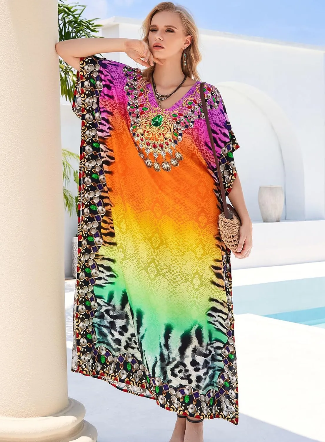 Plus Size Kaftan Dresses for Women 2025 Tropical Beach Cover Ups Swimwear Lightweight Caftans for Vacation Dress