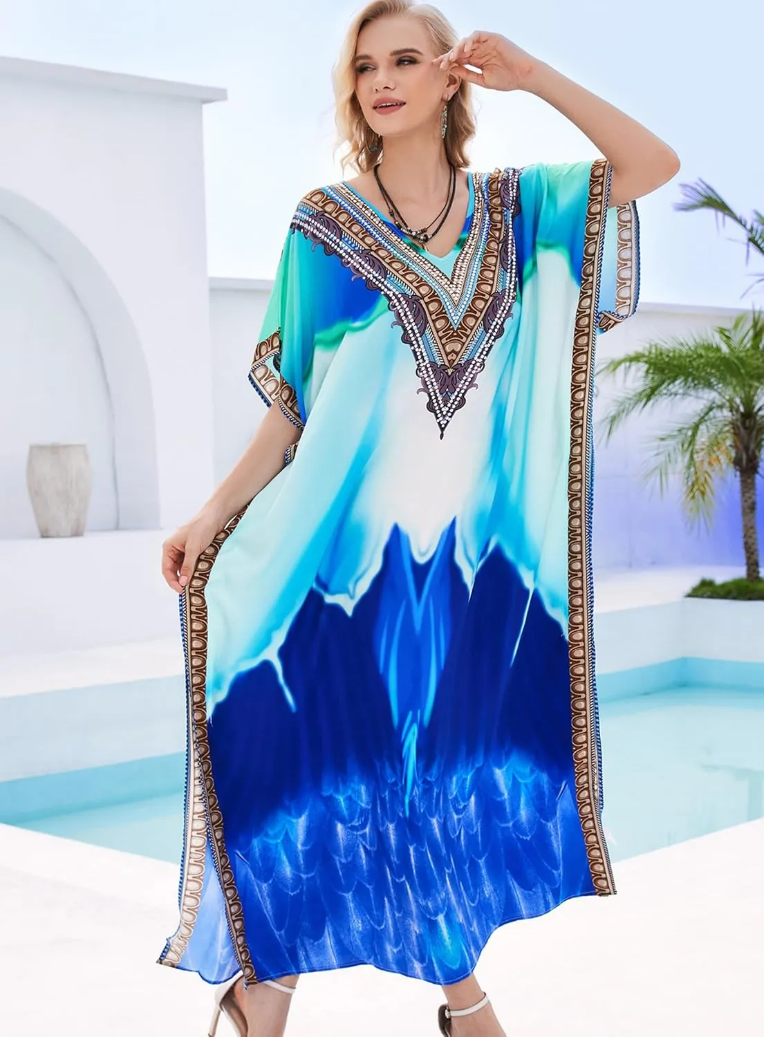 Plus Size Kaftan Dresses for Women 2025 Tropical Beach Cover Ups Swimwear Lightweight Caftans for Vacation Dress