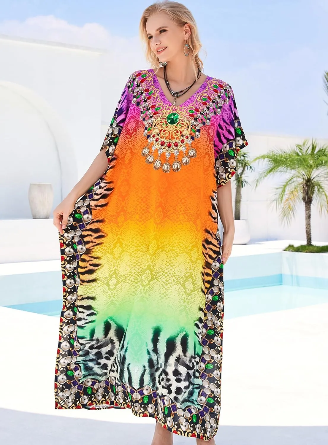Plus Size Kaftan Dresses for Women 2025 Tropical Beach Cover Ups Swimwear Lightweight Caftans for Vacation Dress