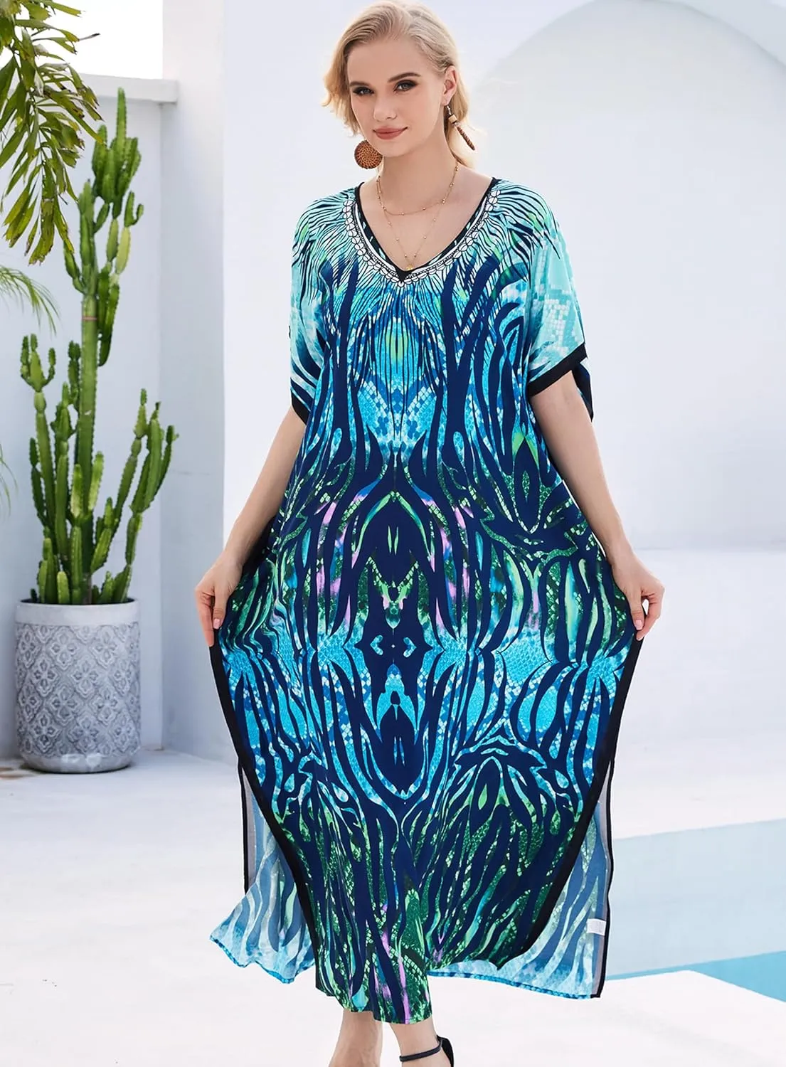 Plus Size Kaftan Dresses for Women 2025 Tropical Beach Cover Ups Swimwear Lightweight Caftans for Vacation Dress