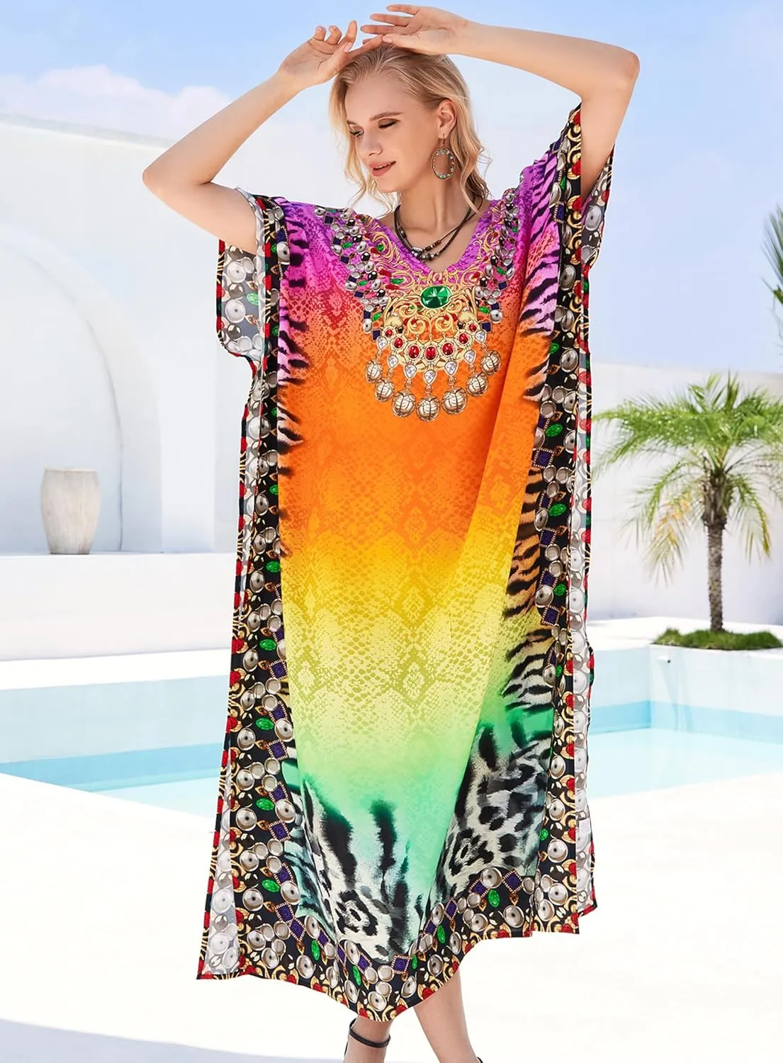 Plus Size Kaftan Dresses for Women 2025 Tropical Beach Cover Ups Swimwear Lightweight Caftans for Vacation Dress