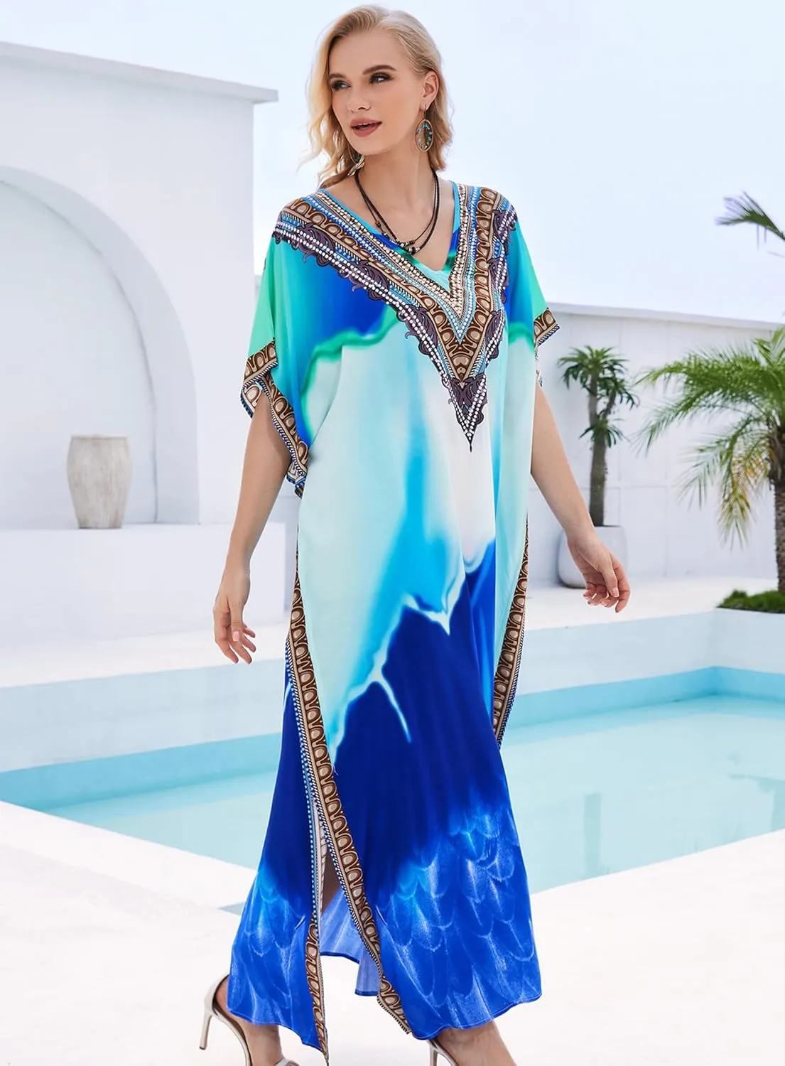 Plus Size Kaftan Dresses for Women 2025 Tropical Beach Cover Ups Swimwear Lightweight Caftans for Vacation Dress