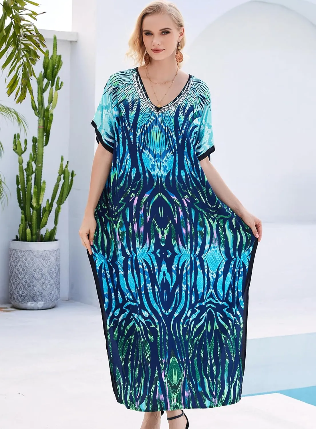 Plus Size Kaftan Dresses for Women 2025 Tropical Beach Cover Ups Swimwear Lightweight Caftans for Vacation Dress