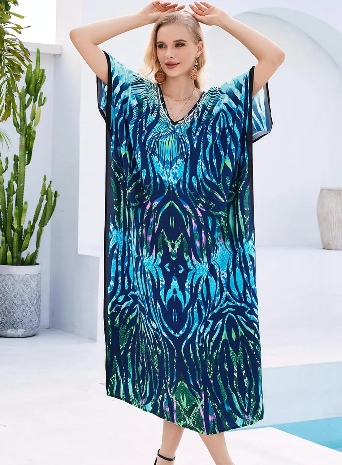 Plus Size Kaftan Dresses for Women 2025 Tropical Beach Cover Ups Swimwear Lightweight Caftans for Vacation Dress
