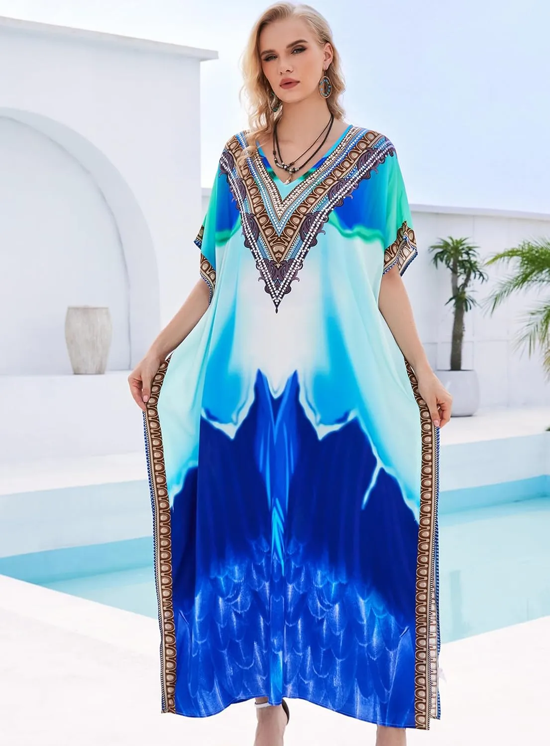 Plus Size Kaftan Dresses for Women 2025 Tropical Beach Cover Ups Swimwear Lightweight Caftans for Vacation Dress