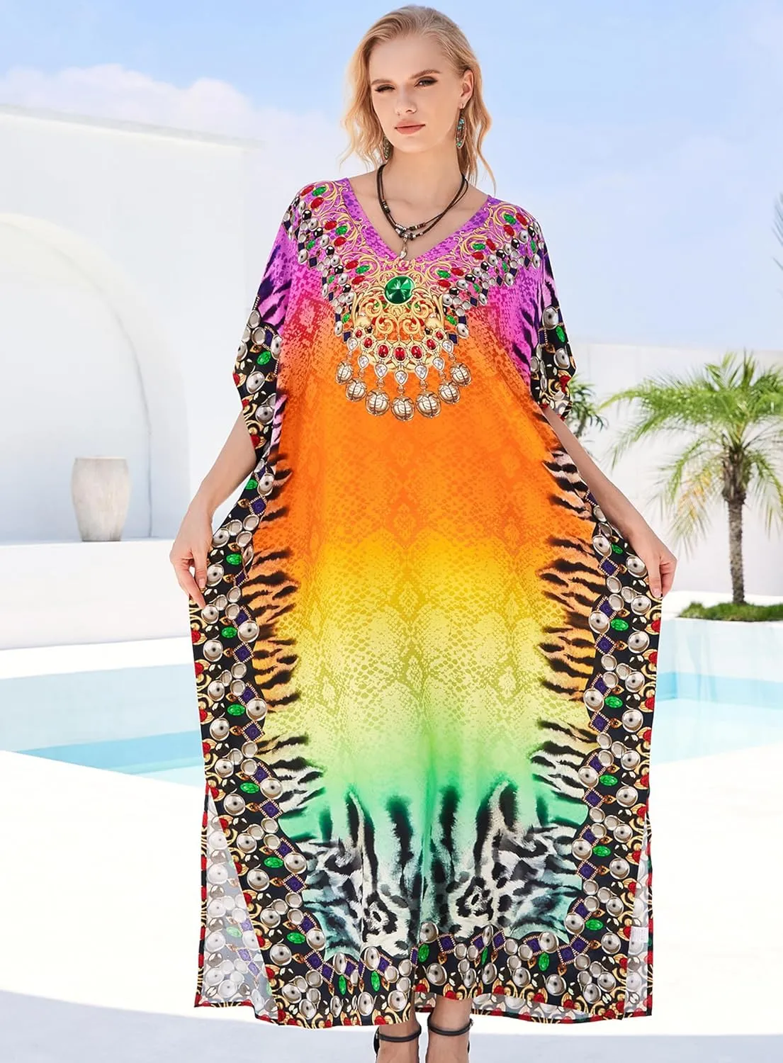 Plus Size Kaftan Dresses for Women 2025 Tropical Beach Cover Ups Swimwear Lightweight Caftans for Vacation Dress