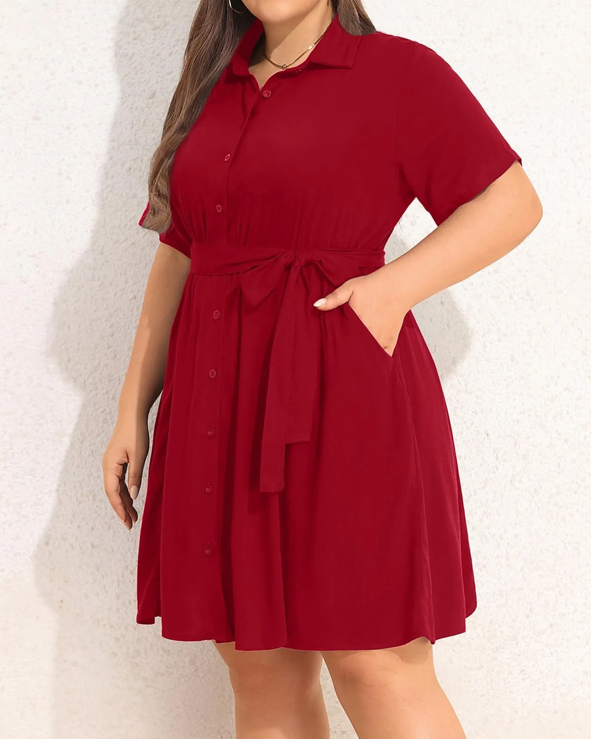 Plus Size Shirt Dress Women Button Down Casual Short Sleeve Summer Work Collared Belted Dresses with Pockets