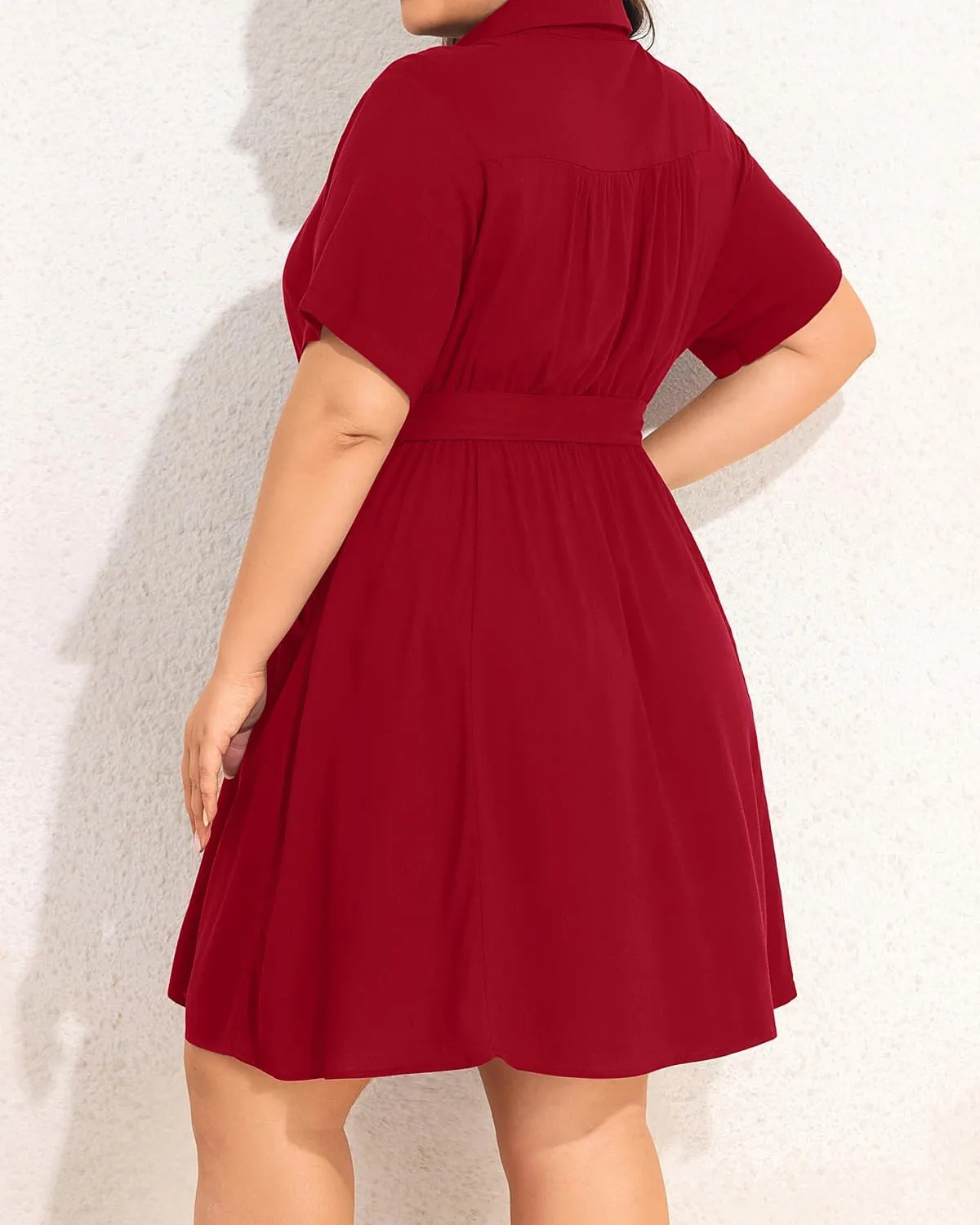 Plus Size Shirt Dress Women Button Down Casual Short Sleeve Summer Work Collared Belted Dresses with Pockets