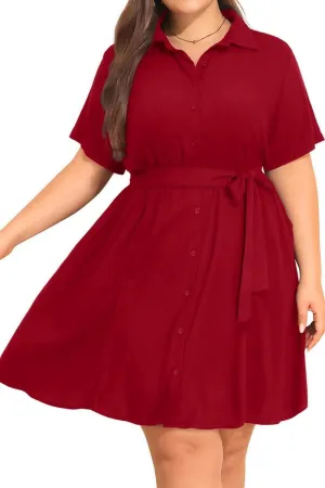 Plus Size Shirt Dress Women Button Down Casual Short Sleeve Summer Work Collared Belted Dresses with Pockets