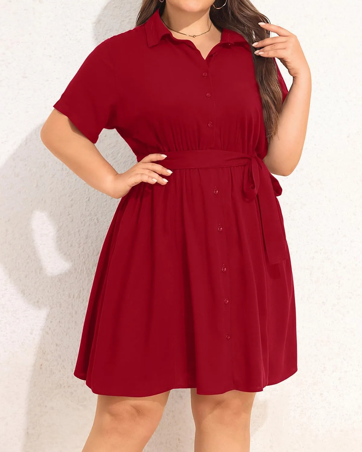 Plus Size Shirt Dress Women Button Down Casual Short Sleeve Summer Work Collared Belted Dresses with Pockets