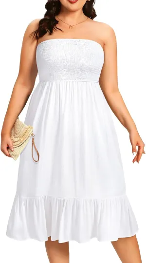 Plus Size Summer Dresses - Strapless Tube Top Sundress Casual Beach Swimsuit Cover Up Swimwear Boho Midi Dress 2025