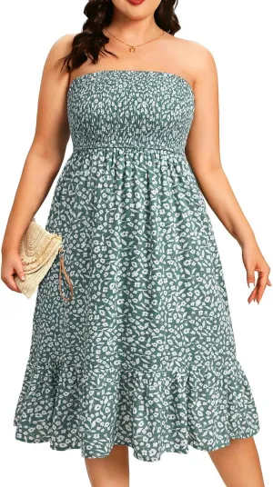 Plus Size Summer Dresses - Strapless Tube Top Sundress Casual Beach Swimsuit Cover Up Swimwear Boho Midi Dress 2025