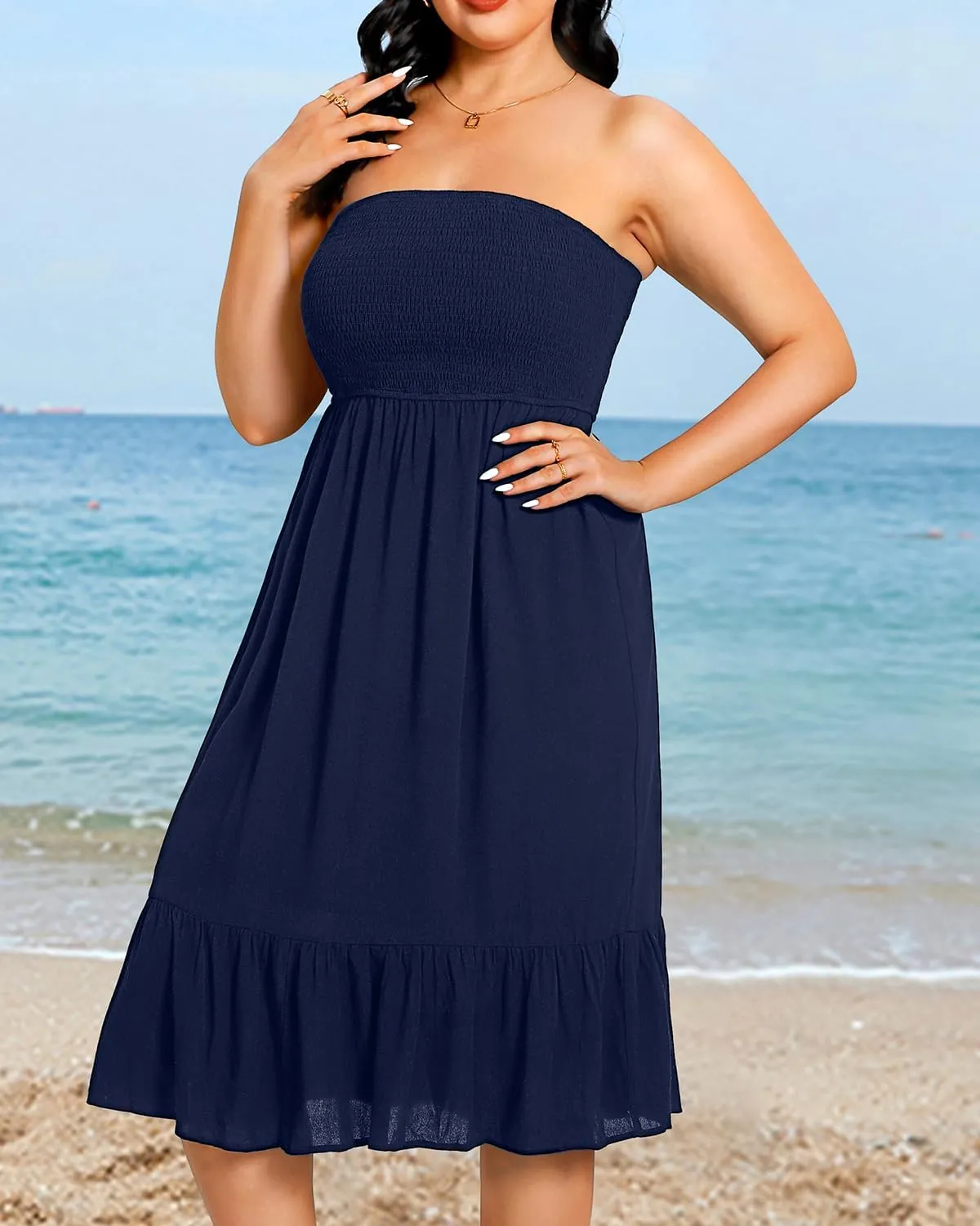 Plus Size Summer Dresses - Strapless Tube Top Sundress Casual Beach Swimsuit Cover Up Swimwear Boho Midi Dress 2025