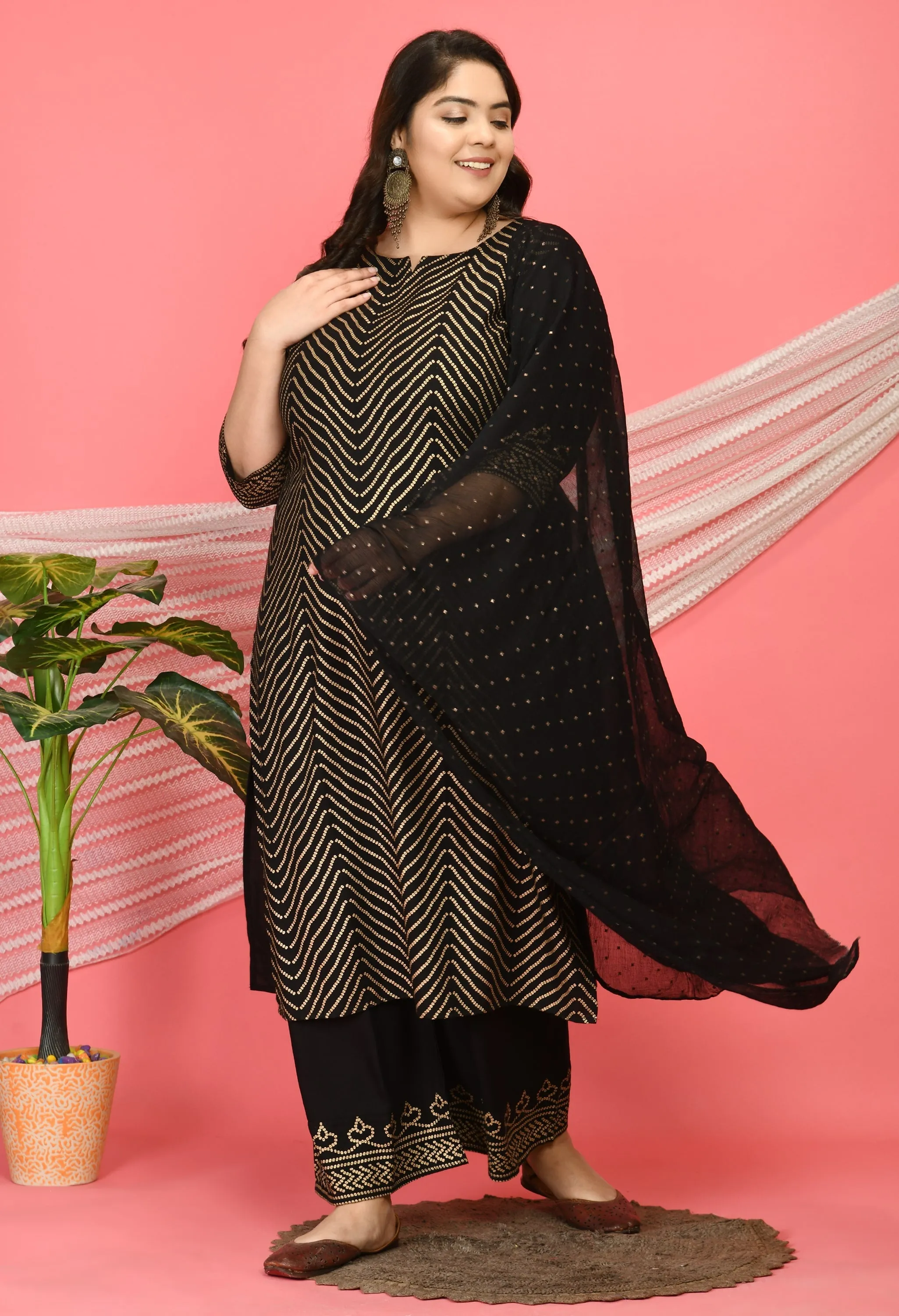 Plus Size Zig Zag Black & Gold Printed Kurta with Palazzo and Dupatta