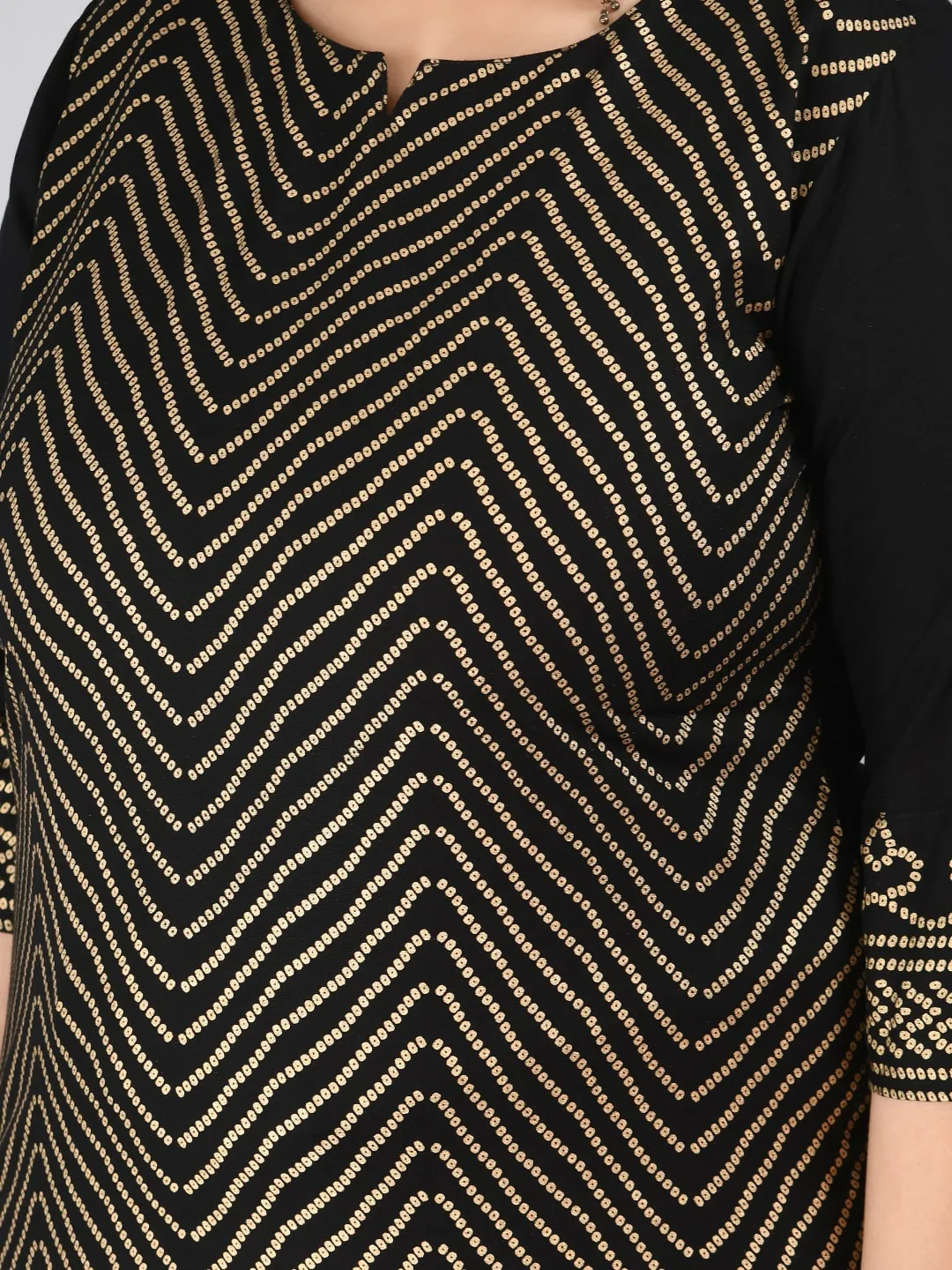 Plus Size Zig Zag Black & Gold Printed Kurta with Palazzo and Dupatta
