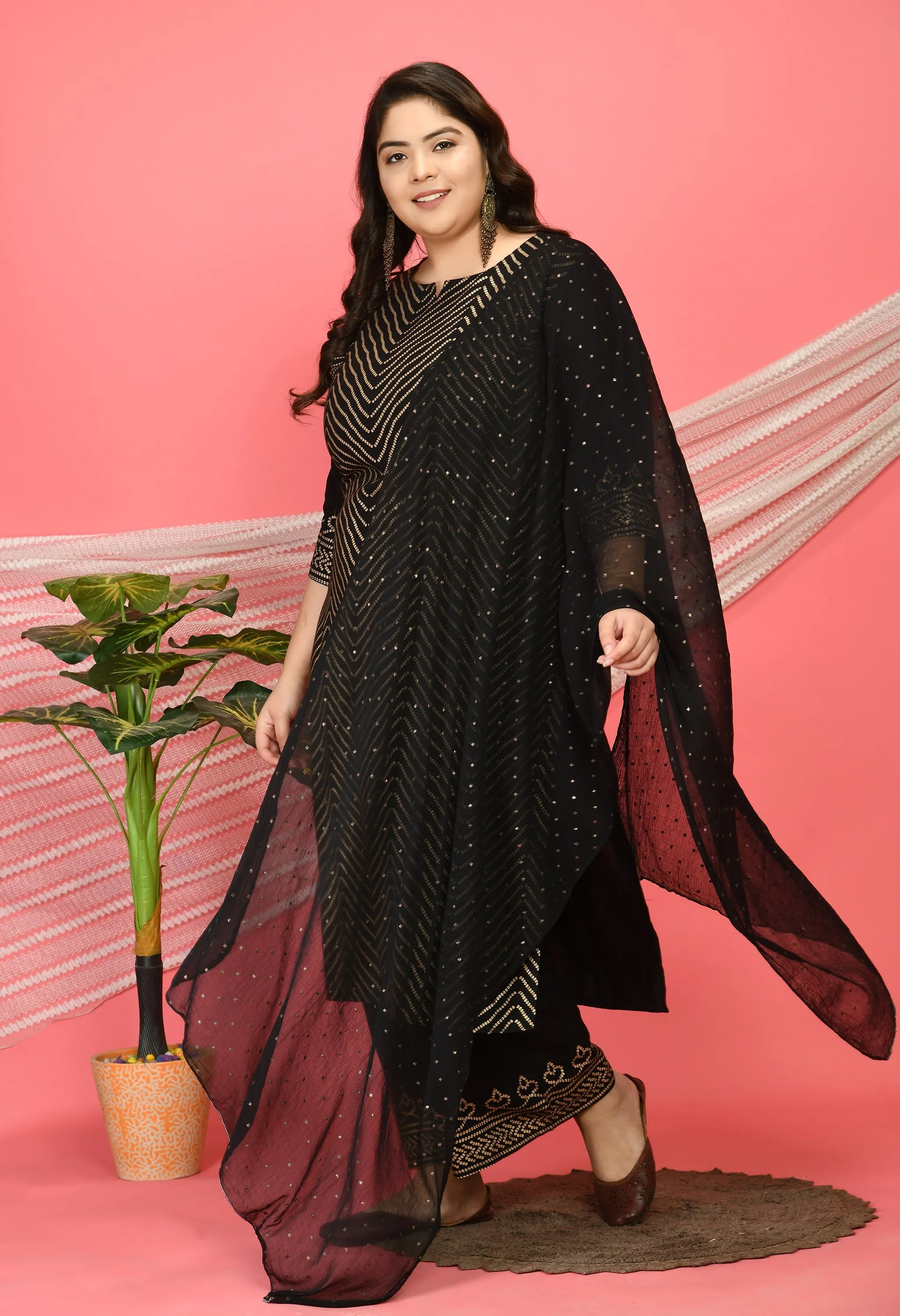 Plus Size Zig Zag Black & Gold Printed Kurta with Palazzo and Dupatta