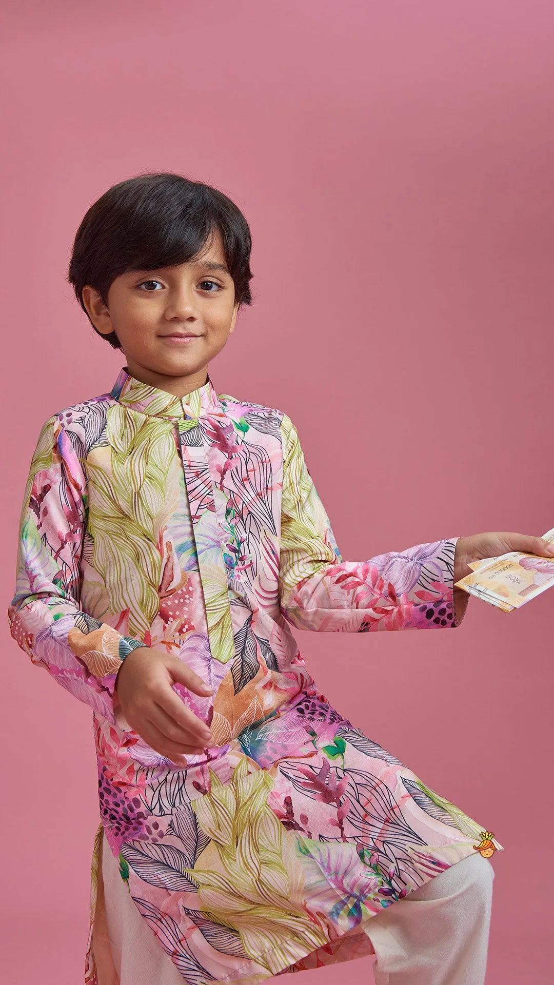 Pre Order: Multicolour Leaf Printed Peach Ethnic Kurta And Churidar