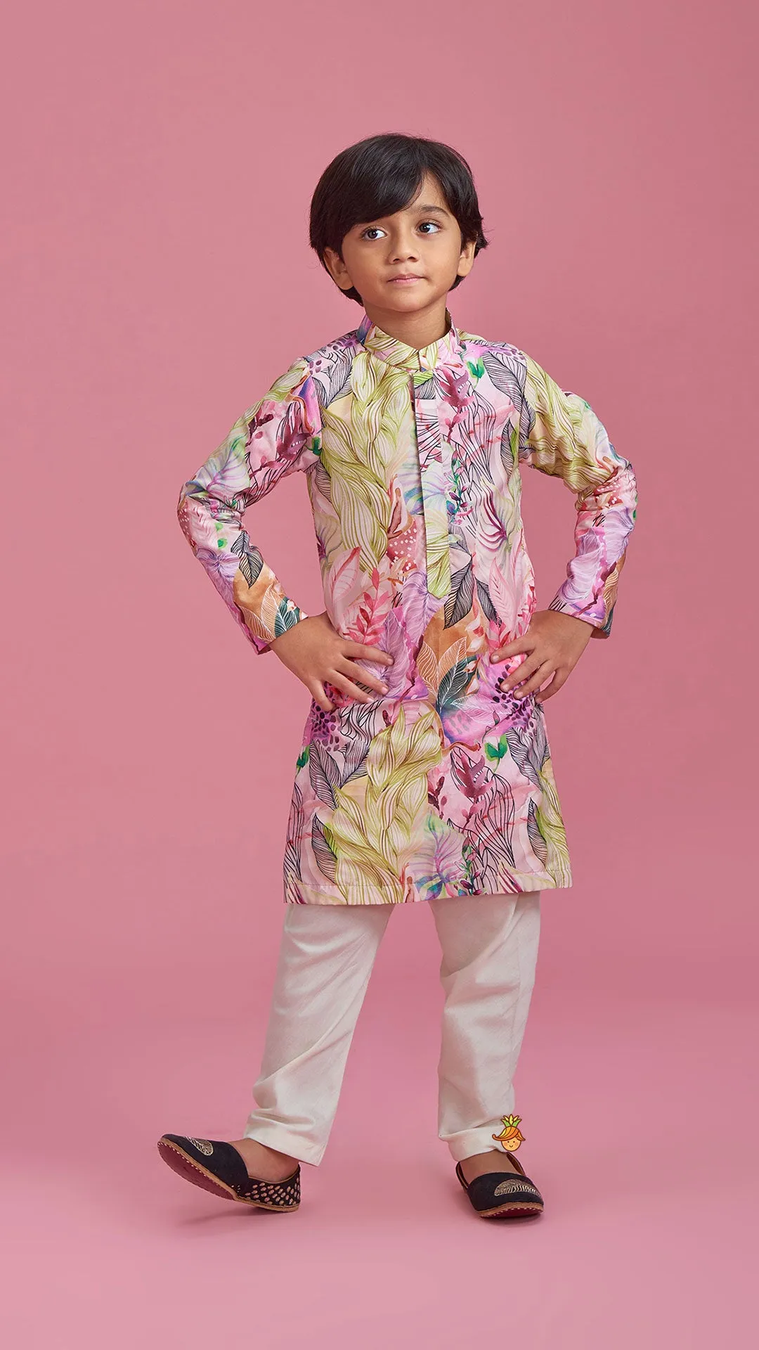 Pre Order: Multicolour Leaf Printed Peach Ethnic Kurta And Churidar