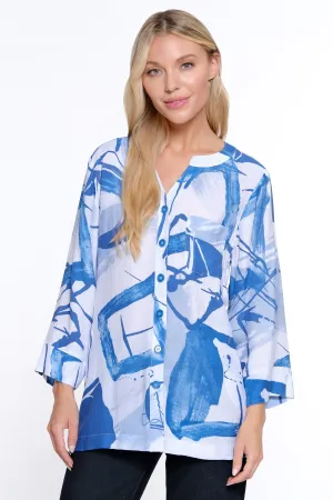 Printed Button Front Tunic - White/Blue