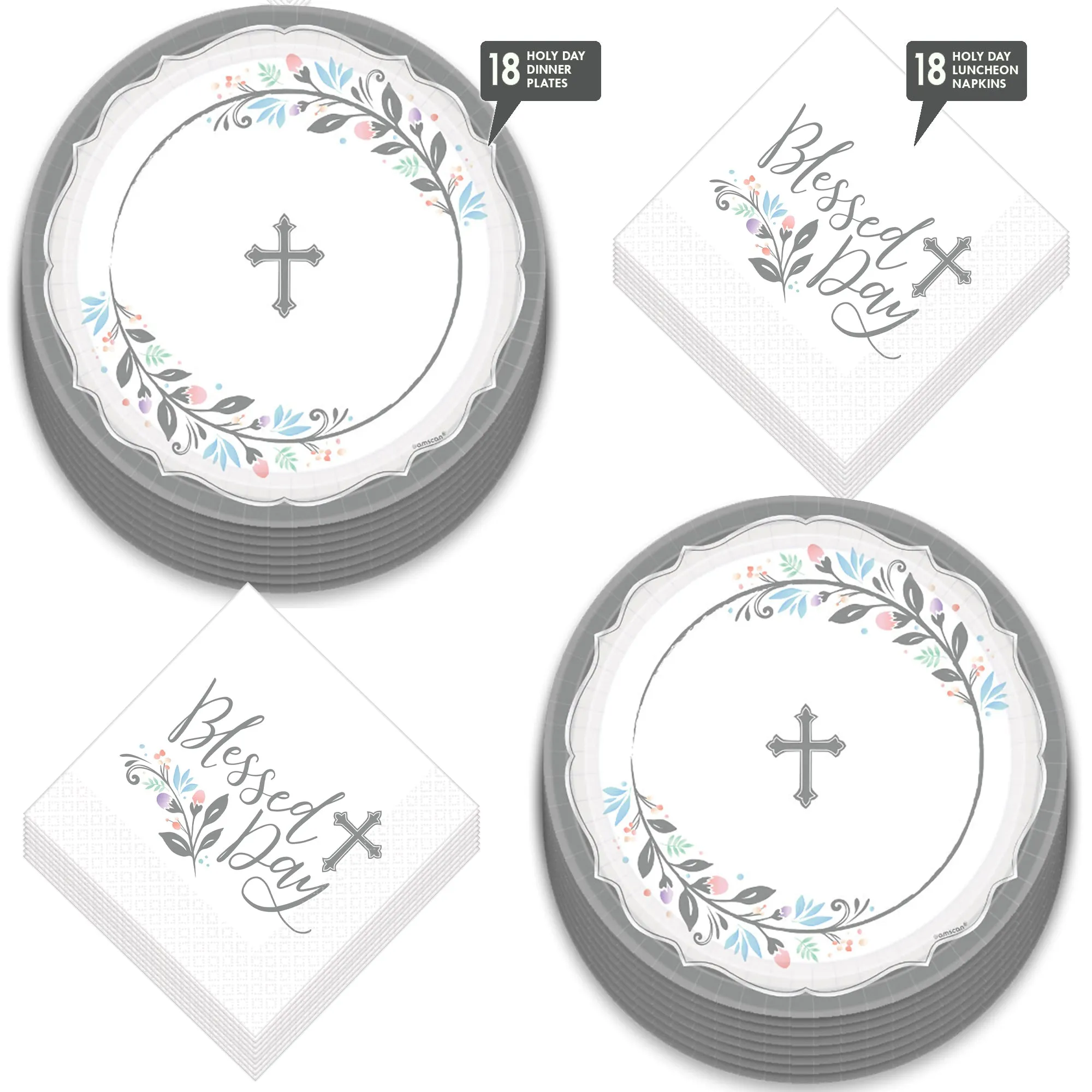 Religious Party Supplies - Holy Day Silver Cross Large Paper Dinner Plates and Luncheon Napkins (Serves 16)