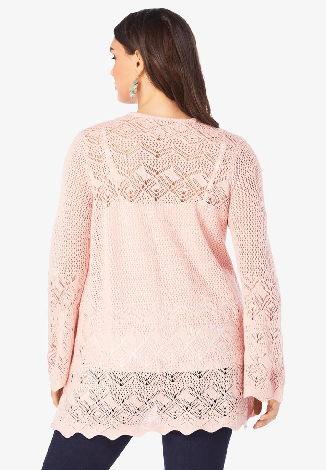 Roaman's Women's Plus Size Bell Sleeve Pointelle Cardigan