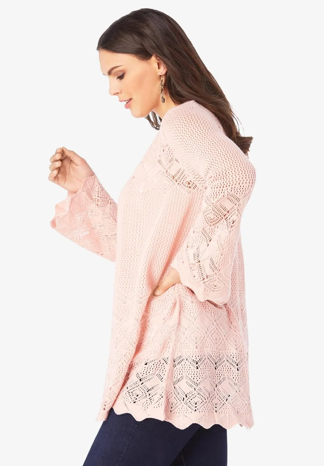 Roaman's Women's Plus Size Bell Sleeve Pointelle Cardigan