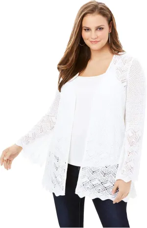 Roaman's Women's Plus Size Bell Sleeve Pointelle Cardigan