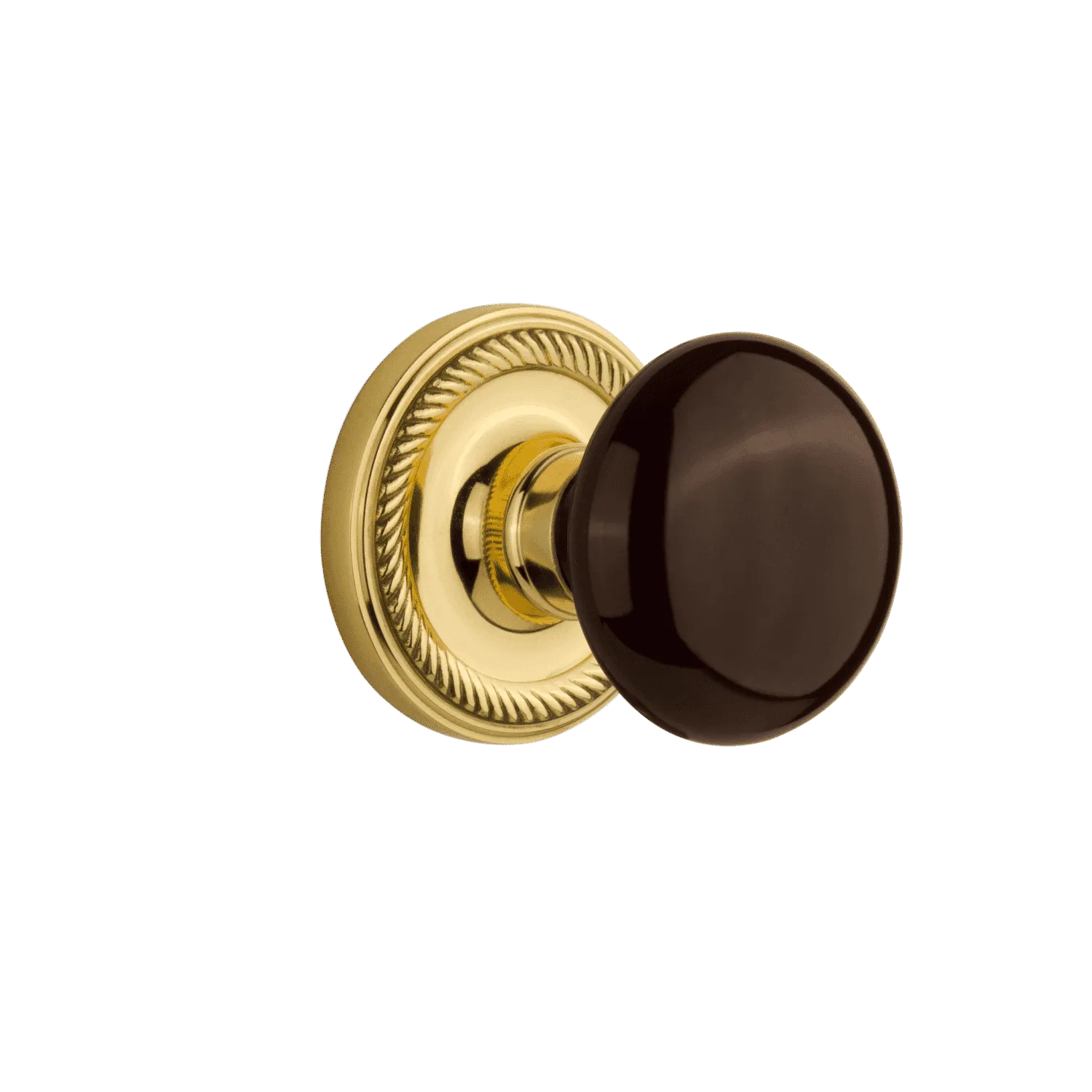 Rope Rosette with Brown Porcelain Knob in Polished Brass