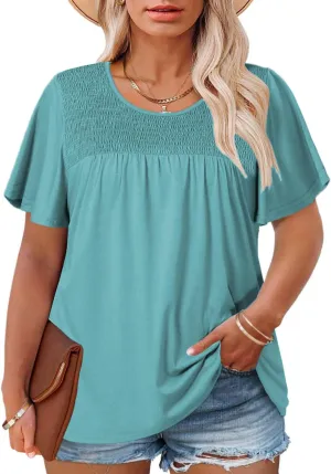 ROSRISS Plus Size Tops for Women Summer Short Ruffle Sleeve Shirts Casual Trendy Crew Neck Tees Loose Fit Smocked Blouses