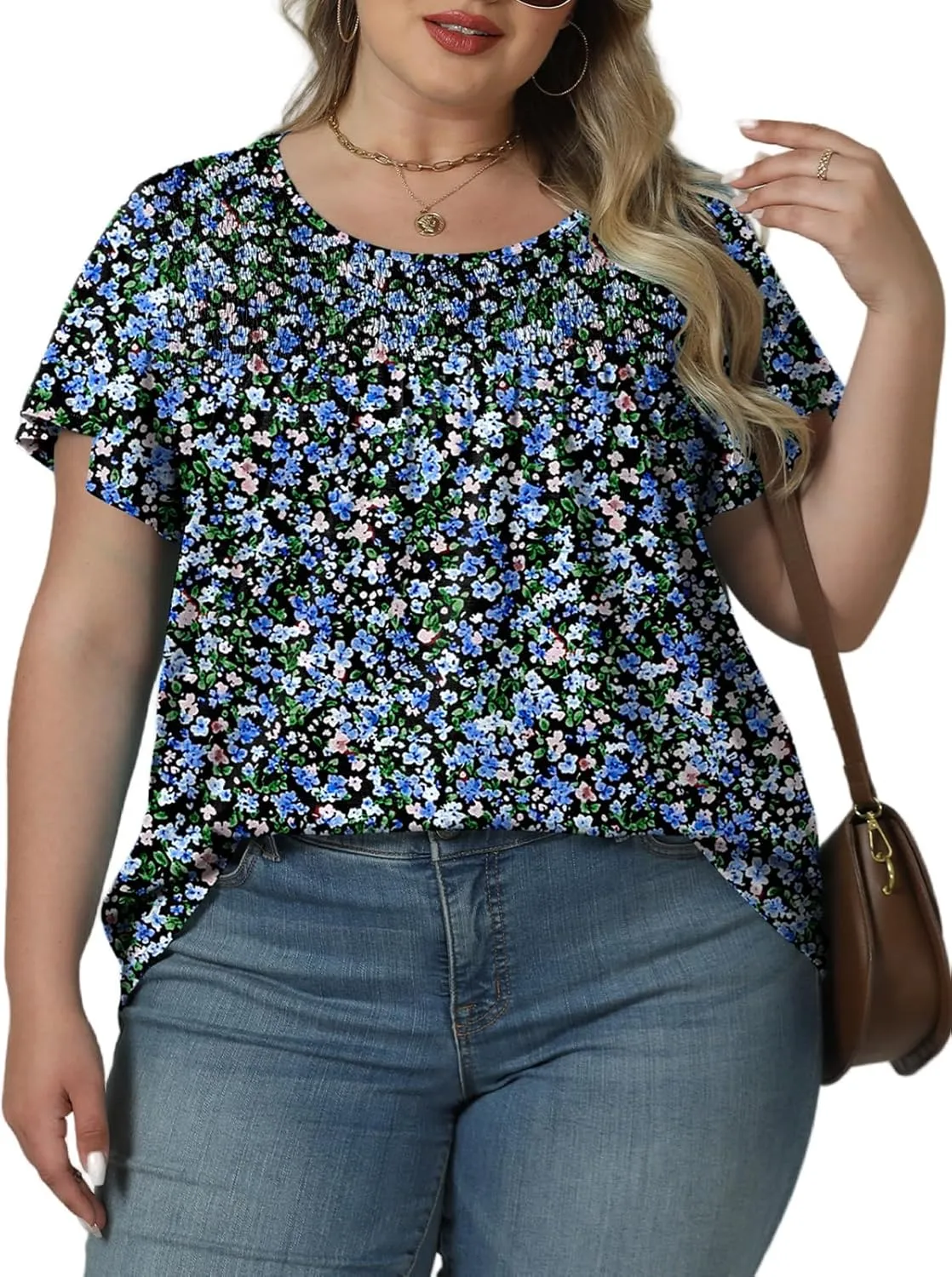 ROSRISS Plus Size Tops for Women Summer Short Ruffle Sleeve Shirts Casual Trendy Crew Neck Tees Loose Fit Smocked Blouses