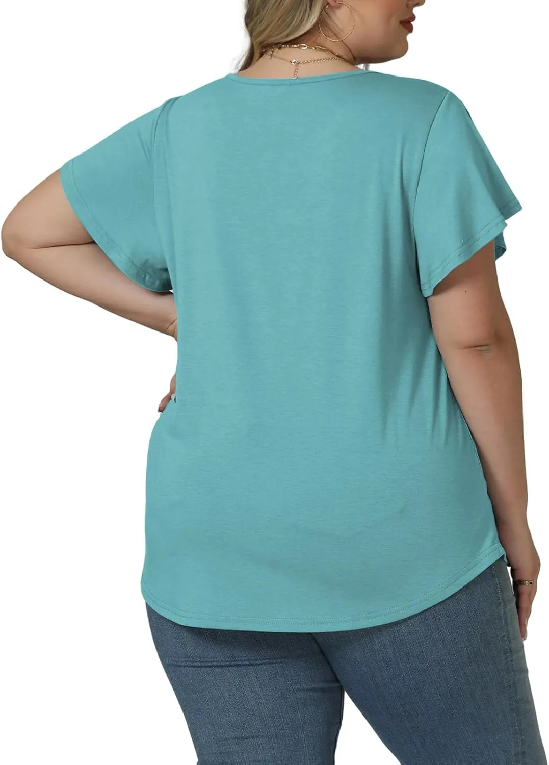 ROSRISS Plus Size Tops for Women Summer Short Ruffle Sleeve Shirts Casual Trendy Crew Neck Tees Loose Fit Smocked Blouses