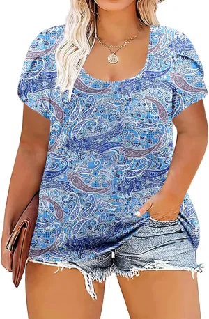 ROSRISS Womens Plus-Size Tops Summer Petal Short Sleeve Scoop Neck Shirts