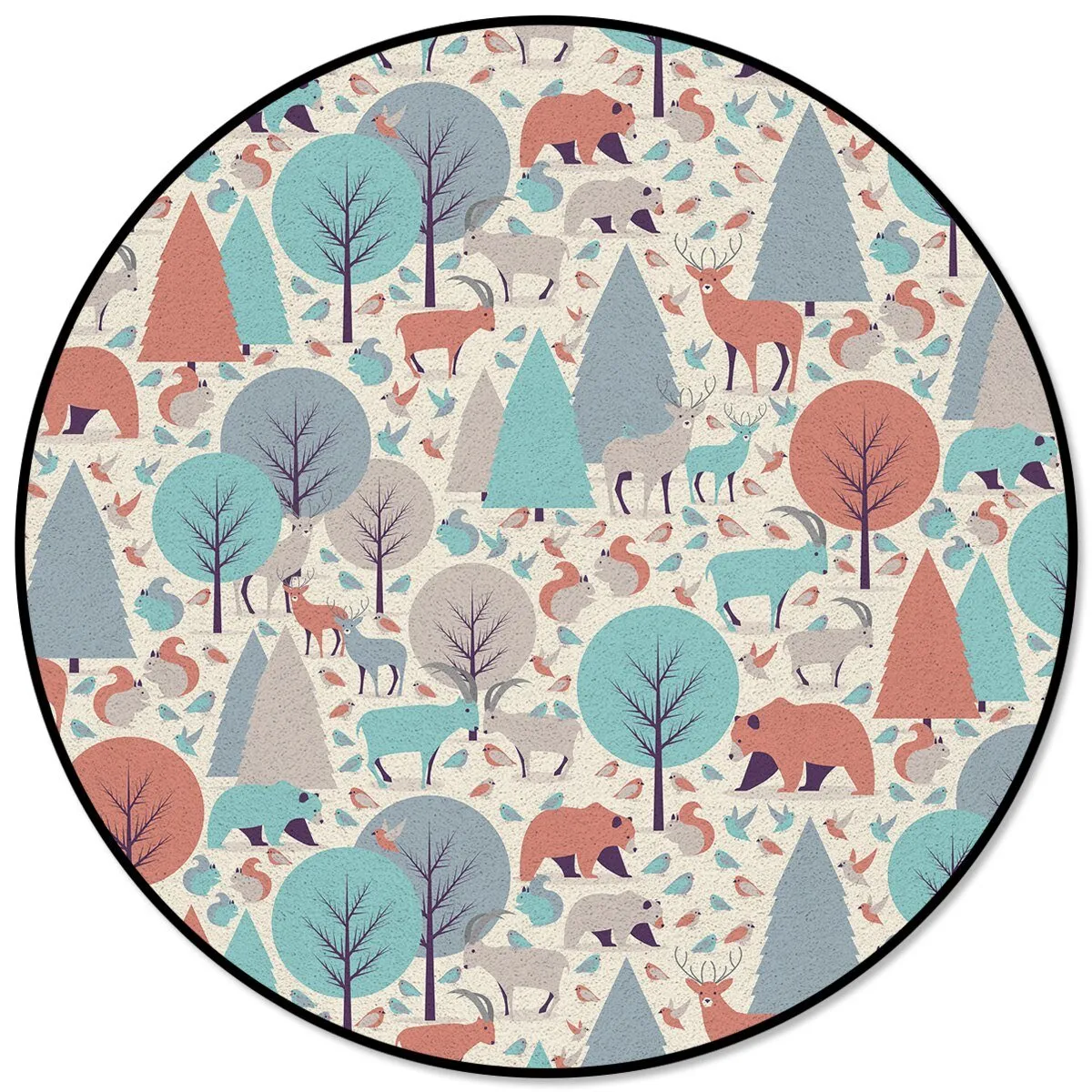 Round Rug with Forest Animals Print