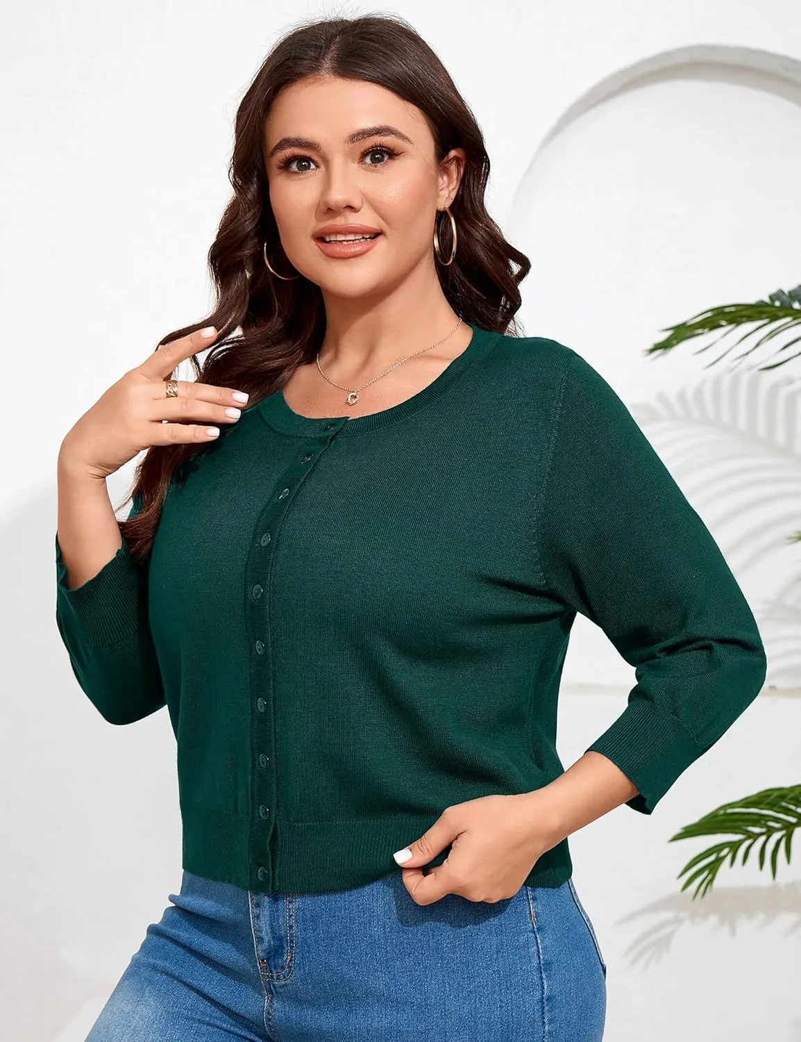 ShopWonder Women Plus Size Cardigan 3/4 Sleeve Crew Neck Bolero Button Down Sweaters Open Front Knit Bolero Shrugs