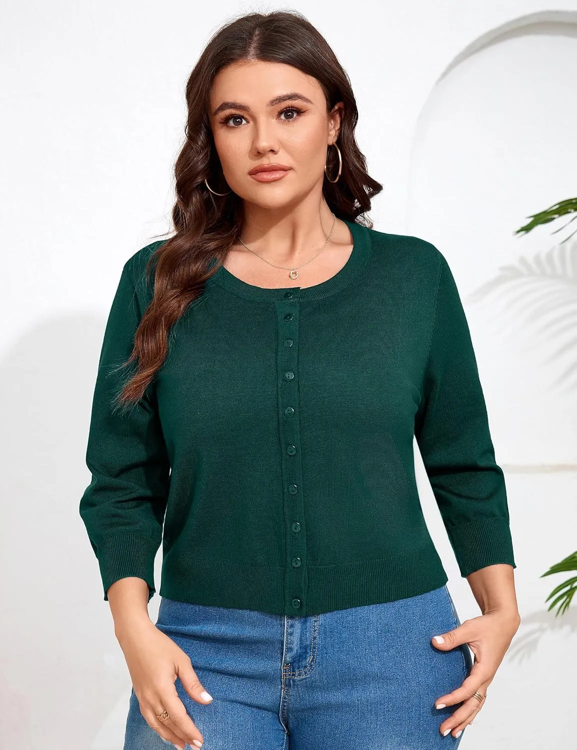 ShopWonder Women Plus Size Cardigan 3/4 Sleeve Crew Neck Bolero Button Down Sweaters Open Front Knit Bolero Shrugs