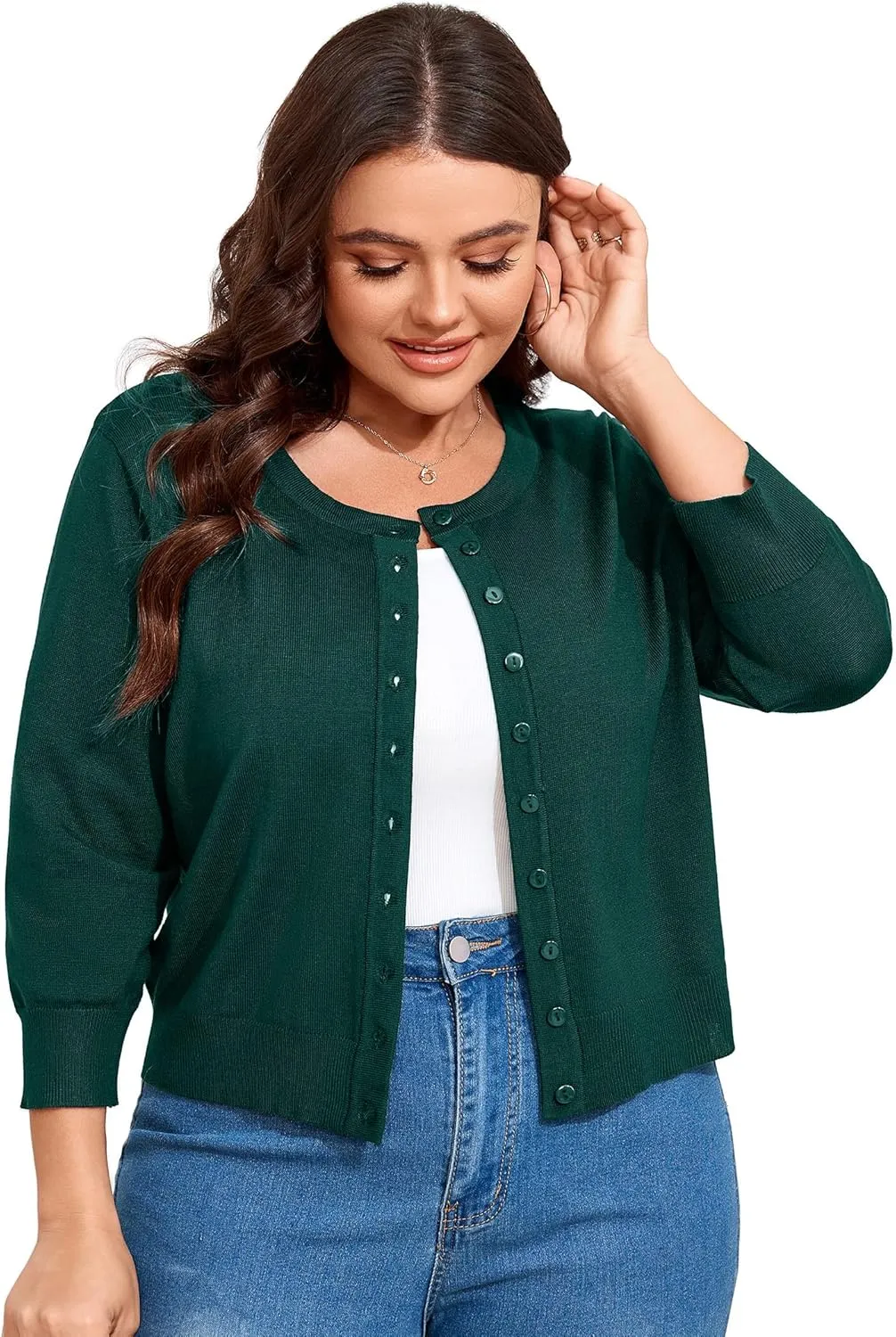 ShopWonder Women Plus Size Cardigan 3/4 Sleeve Crew Neck Bolero Button Down Sweaters Open Front Knit Bolero Shrugs