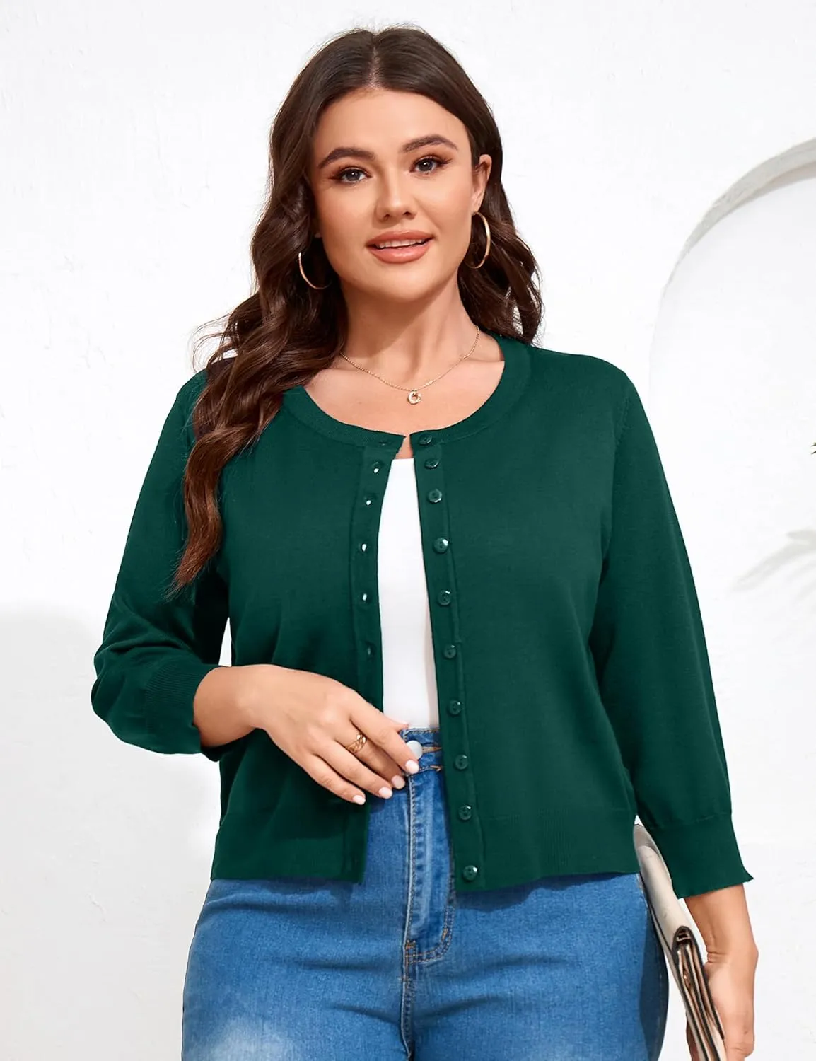 ShopWonder Women Plus Size Cardigan 3/4 Sleeve Crew Neck Bolero Button Down Sweaters Open Front Knit Bolero Shrugs